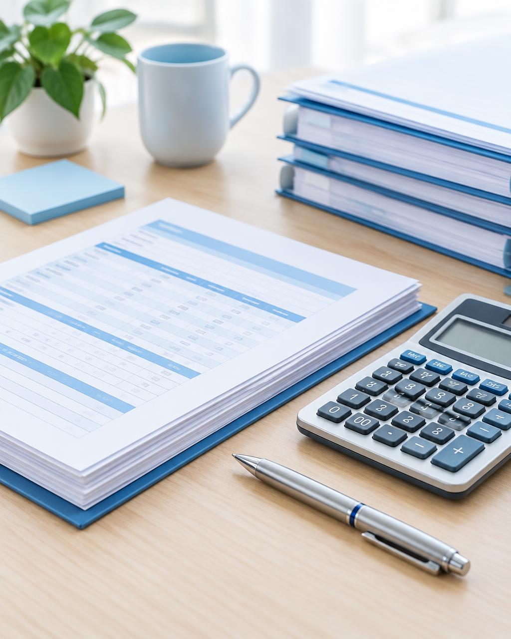 Financial paperwork, a calculator and a pen on a desk