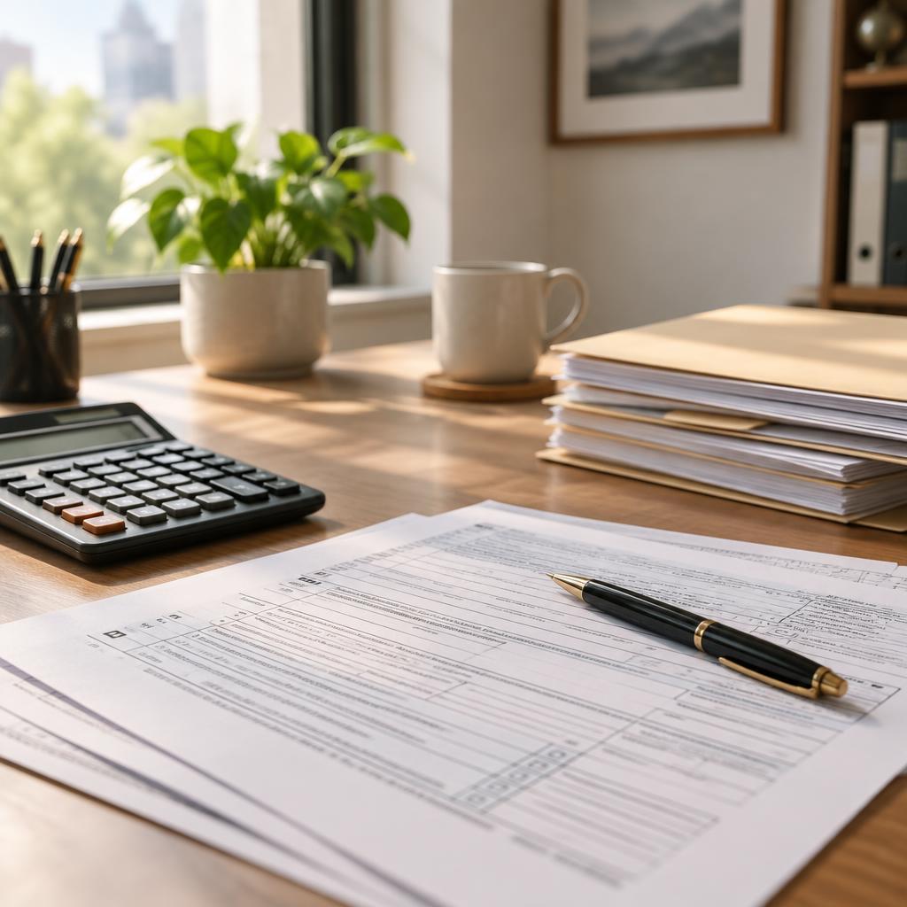 Tax documents, a calculator and a pen on a desk